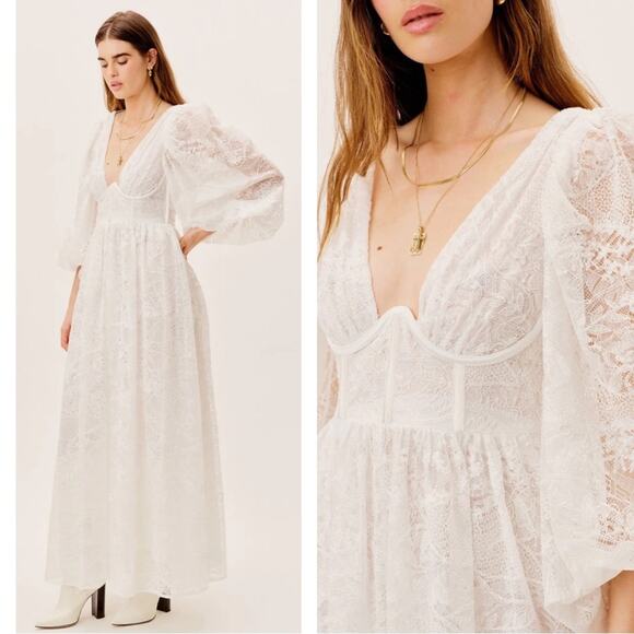For Love & Lemons Madeline Lace Bustier Long Sleeve Maxi Gown Size XXS - Picture 2 of 12